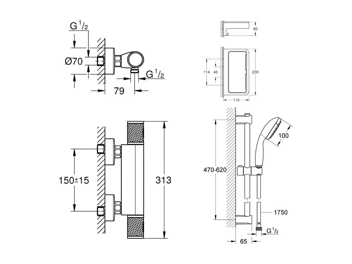Mitigeur douche thermostatique GROHE Precision Start + Ensemblede douche avec barre 2 jets + Panier douche