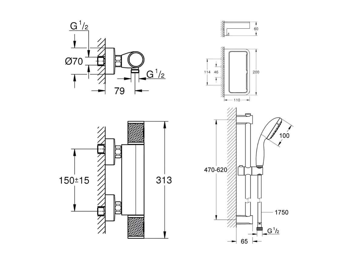 Mitigeur douche thermostatique GROHE Precision Start + Ensemblede douche avec barre 2 jets + Panier douche