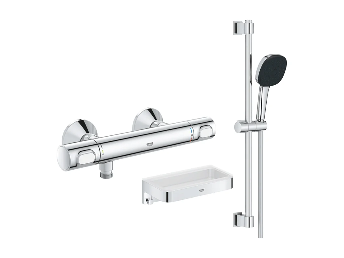 Mitigeur douche thermostatique GROHE Precision Flow + Ensemble de douche 2 jets avec barre + Panier douche