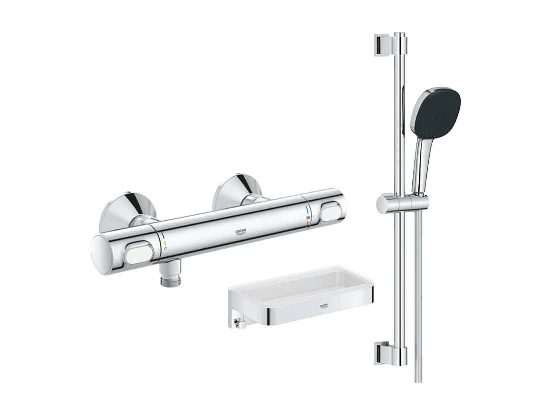 Mitigeur douche thermostatique GROHE Precision Flow + Ensemble de douche 2 jets avec barre + Panier douche