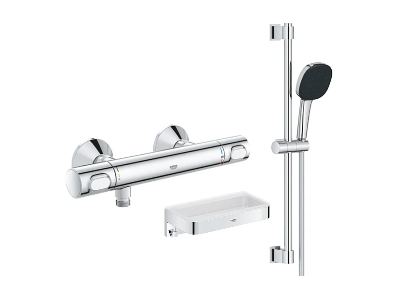 Mitigeur douche thermostatique GROHE Precision Flow + Ensemble de douche 2 jets avec barre + Panier douche