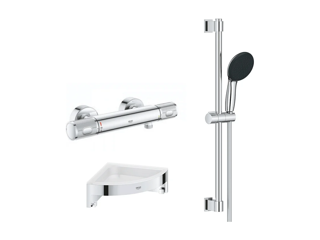 Mitigeur douche thermostatique GROHE Precision Feel + Ensemble de douche Start 2 jets avec barre + Tablette d'angle
