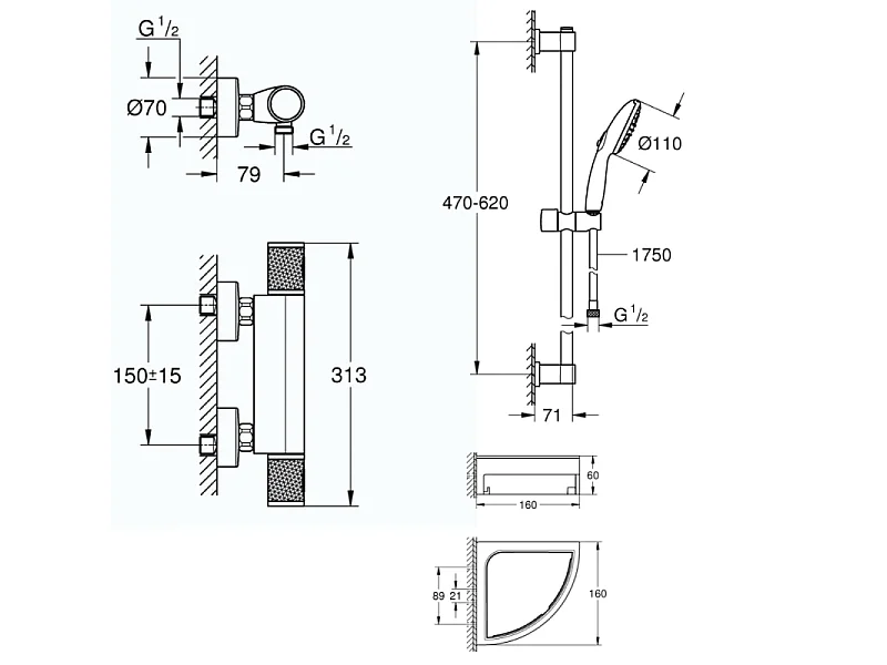 Mitigeur douche thermostatique GROHE Precision Feel + Ensemble de douche Start 2 jets avec barre + Tablette d'angle