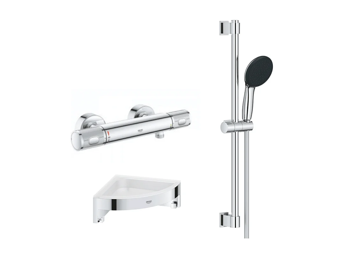 Mitigeur douche thermostatique GROHE Precision Feel + Ensemble de douche Start 2 jets avec barre + Tablette d'angle