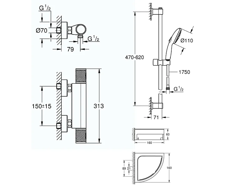 Mitigeur douche thermostatique GROHE Precision Feel + Ensemble de douche Start 2 jets avec barre + Tablette d'angle