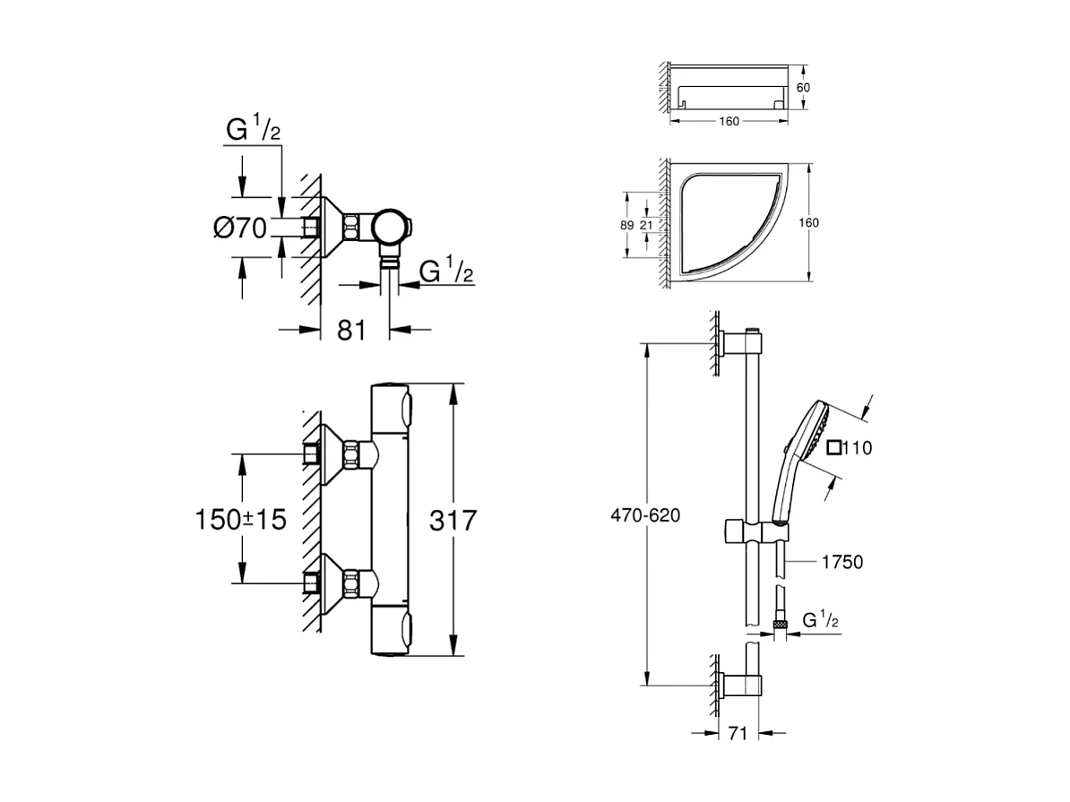 Mitigeur douche thermostatique GROHE Precision Flow + Ensemble de dche 2 jets et barre +Tablette angle