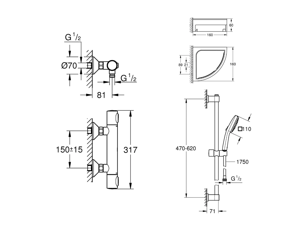 Mitigeur douche thermostatique GROHE Precision Flow + Ensemble de dche 2 jets et barre +Tablette angle