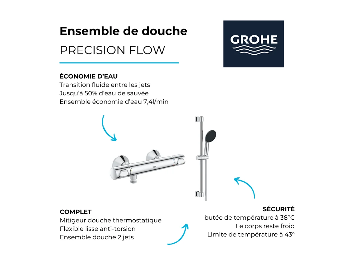 Mitigeur douche thermostatique GROHE GROHE Precision Flow + Ensemble de douche 2 jets avec barre Chromé