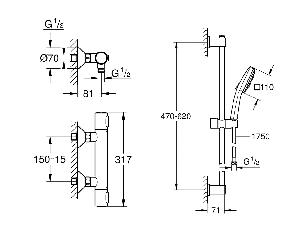 Mitigeur douche thermostatique GROHE GROHE Precision Flow + Ensemble de douche 2 jets avec barre Chromé