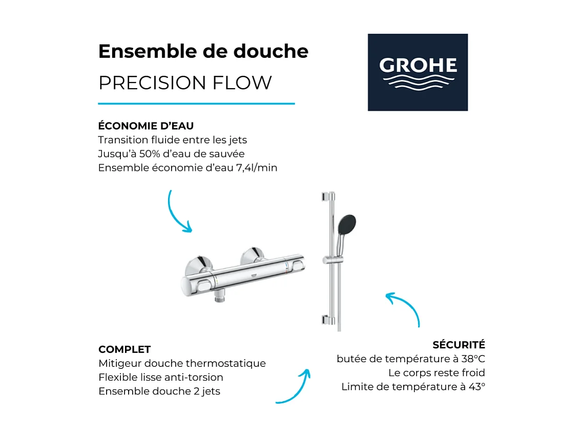 Mitigeur douche thermostatique GROHE GROHE Precision Flow + Ensemble de douche 2 jets avec barre Chromé