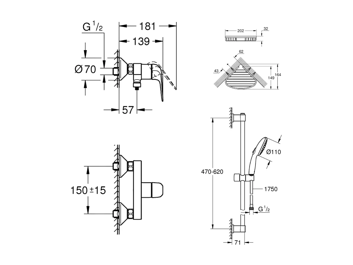 Mitigeur douche mécanique GROHE Swift 2023 + Ensemble de douche 2 jets avec barre + Panier porte-savon