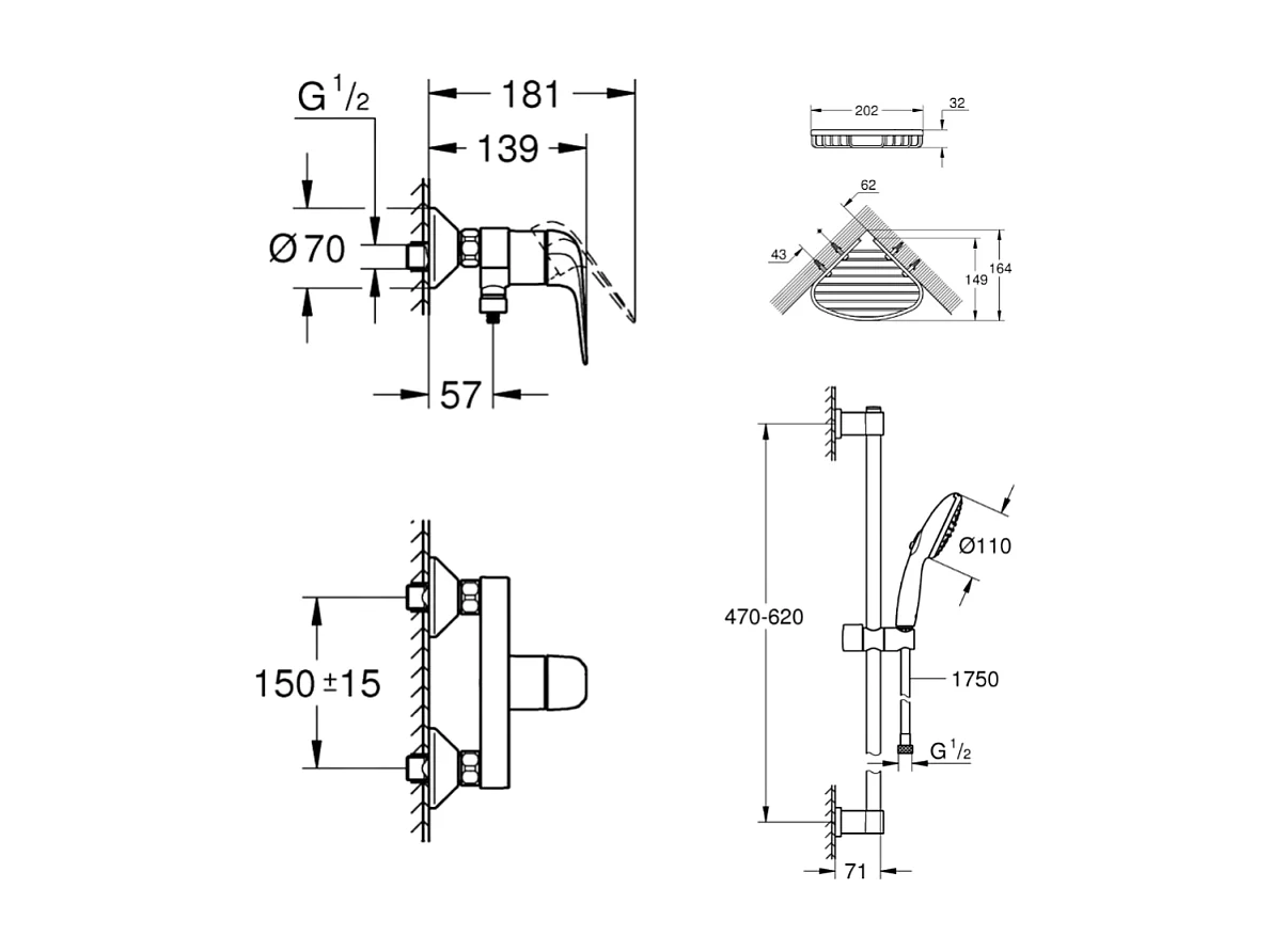 Mitigeur douche mécanique GROHE Swift 2023 + Ensemble de douche 2 jets avec barre + Panier porte-savon