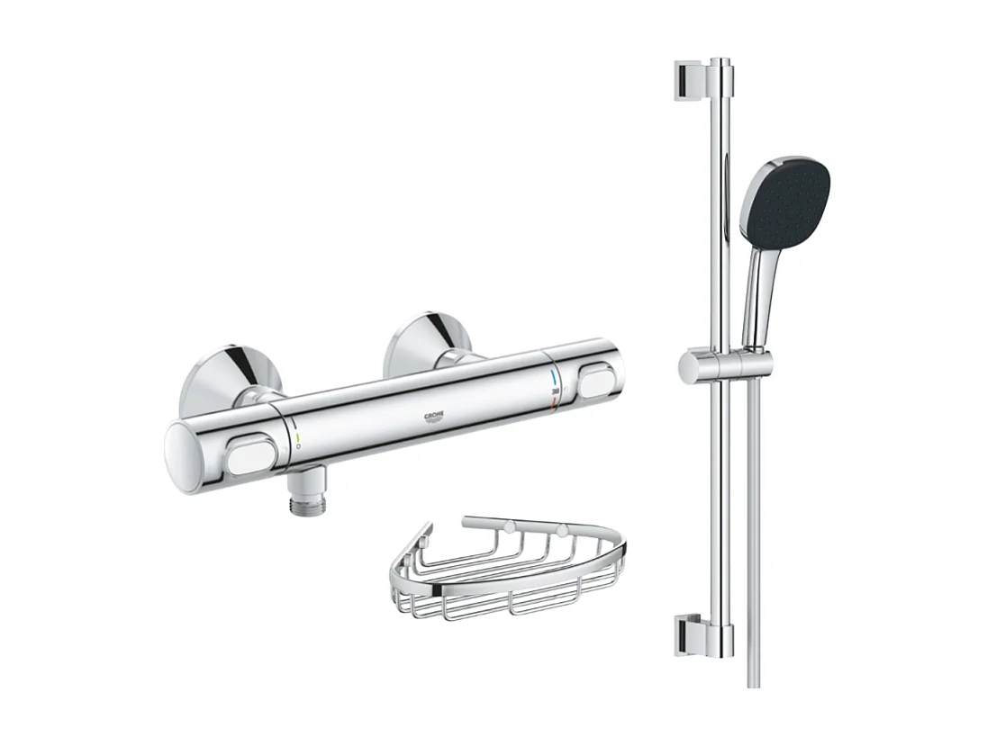 Mitigeur douche thermostatique GROHE Precision Flow + Ensemble de douche 2 jets avec barre +Porte-savon