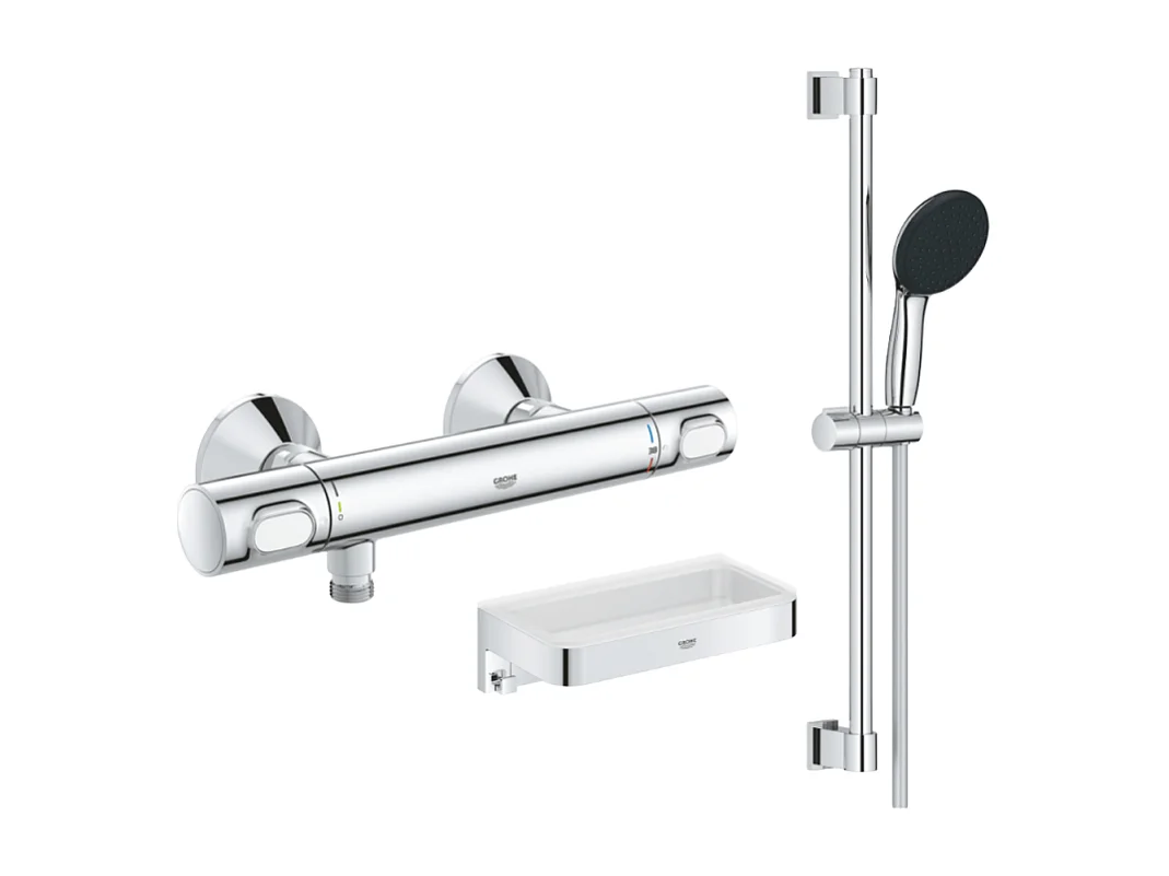 Mitigeur douche thermostatique GROHE Precision Flow + Ensemble de douche Start 2 jets avec barre + Panier douche
