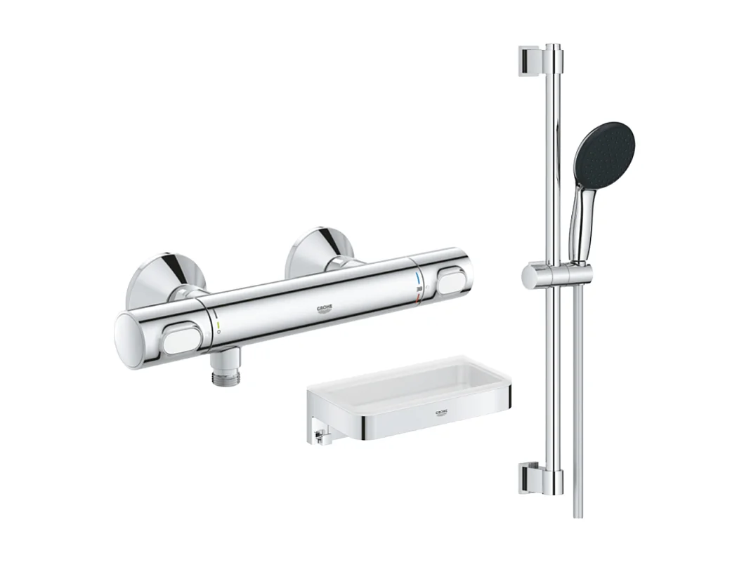 Mitigeur douche thermostatique GROHE Precision Flow + Ensemble de douche Start 2 jets avec barre + Panier douche