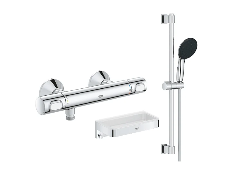 Mitigeur douche thermostatique GROHE Precision Flow + Ensemble de douche Start 2 jets avec barre + Panier douche