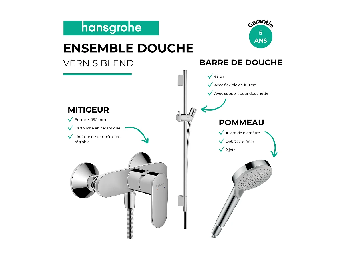 Pack mitigeur douche mécanique HANSGROHE Vernis Blend + Barre Unica S Puro + flexible + Pommeau 2 jets Vernis Blend