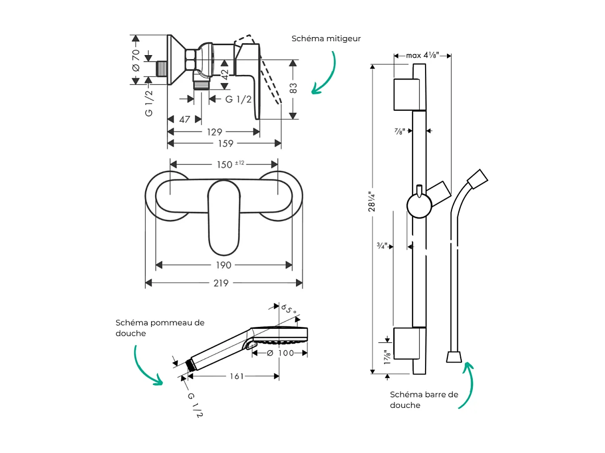 Pack mitigeur douche mécanique HANSGROHE Vernis Blend + Barre Unica S Puro + flexible + Pommeau 2 jets Vernis Blend