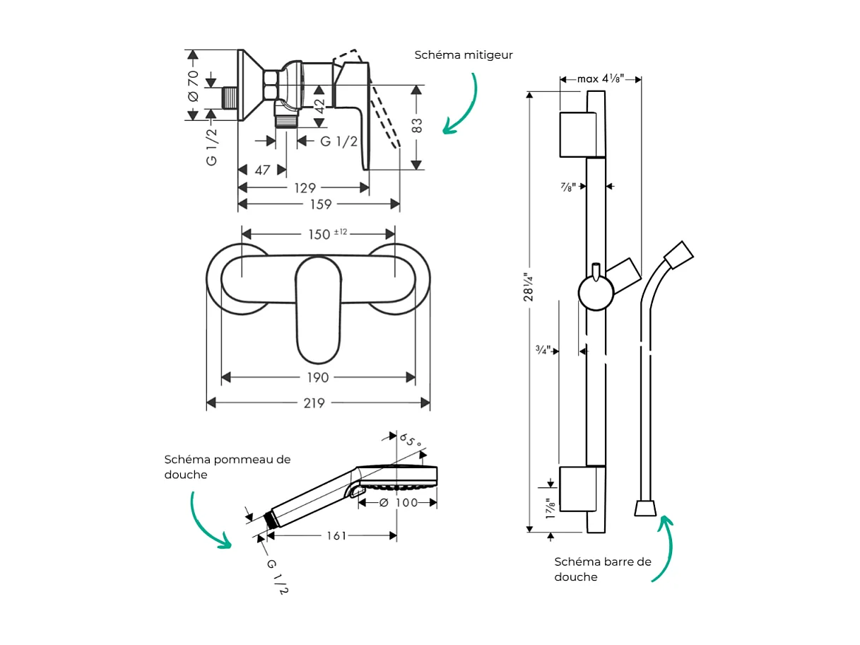 Pack mitigeur douche mécanique HANSGROHE Vernis Blend + Barre Unica S Puro + flexible + Pommeau 2 jets Vernis Blend