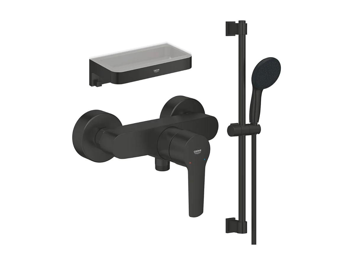 Mitigeur douche mécanique GROHE start Black + Ensemble de douche 2 jets avec barre Noir + Panier douche
