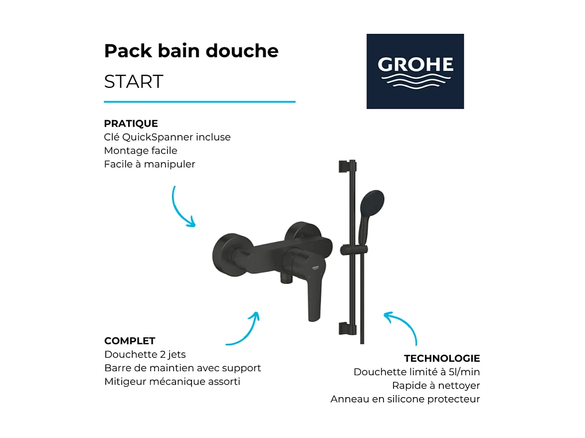 Mitigeur douche mécanique GROHE start Black + Ensemble de douche 2 jets avec barre Noir + Panier douche