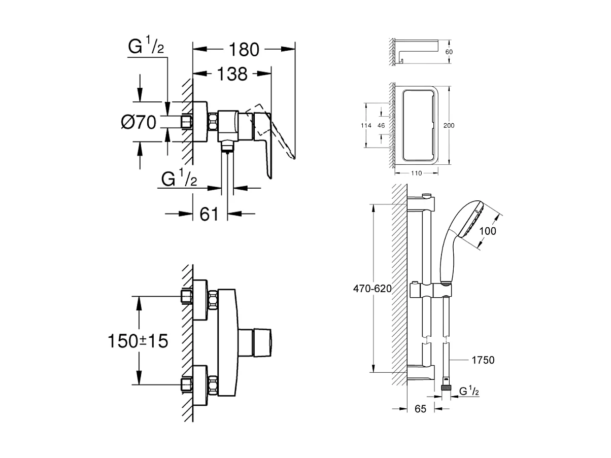 Mitigeur douche mécanique GROHE start Black + Ensemble de douche 2 jets avec barre Noir + Panier douche
