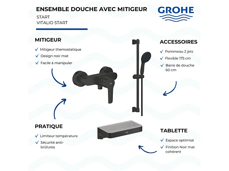 Mitigeur douche mécanique GROHE start Black + Ensemble de douche 2 jets avec barre Noir + Panier douche