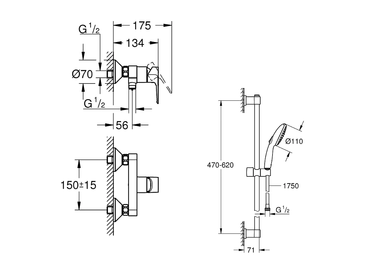 Pack mitigeur douche mécanique GROHE StartLoop + Ensemble de douche 2 jets avec barre Chromé