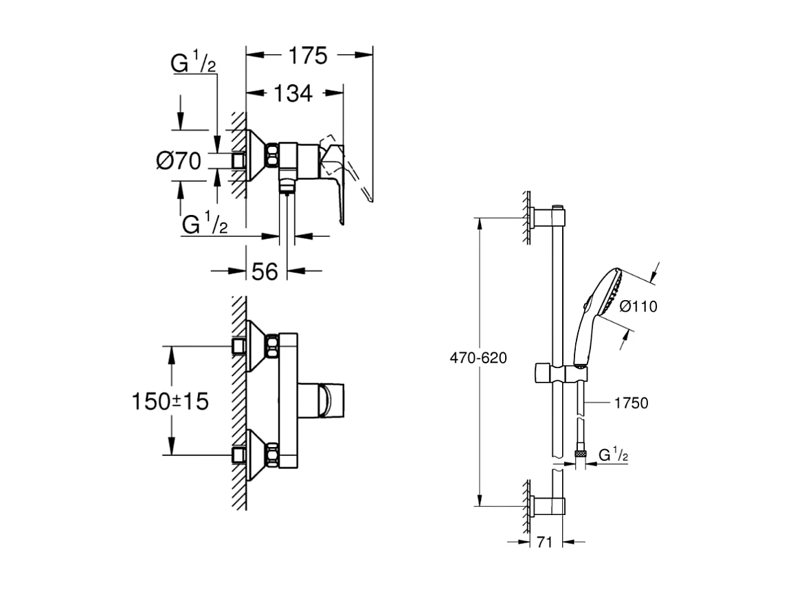 Pack mitigeur douche mécanique GROHE StartLoop + Ensemble de douche 2 jets avec barre Chromé