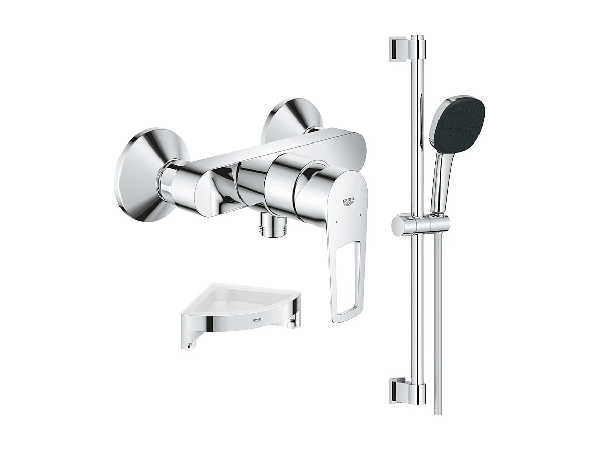 Pack mitigeur douche mécanique GROHE StartLoop + Ensemble de douche 2 jets avec barre + Tablette de douche d'angle