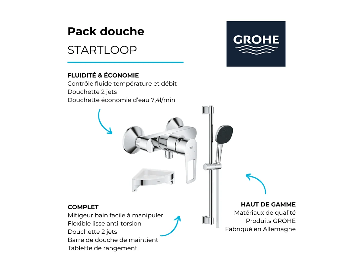 Pack mitigeur douche mécanique GROHE StartLoop + Ensemble de douche 2 jets avec barre + Tablette de douche d'angle