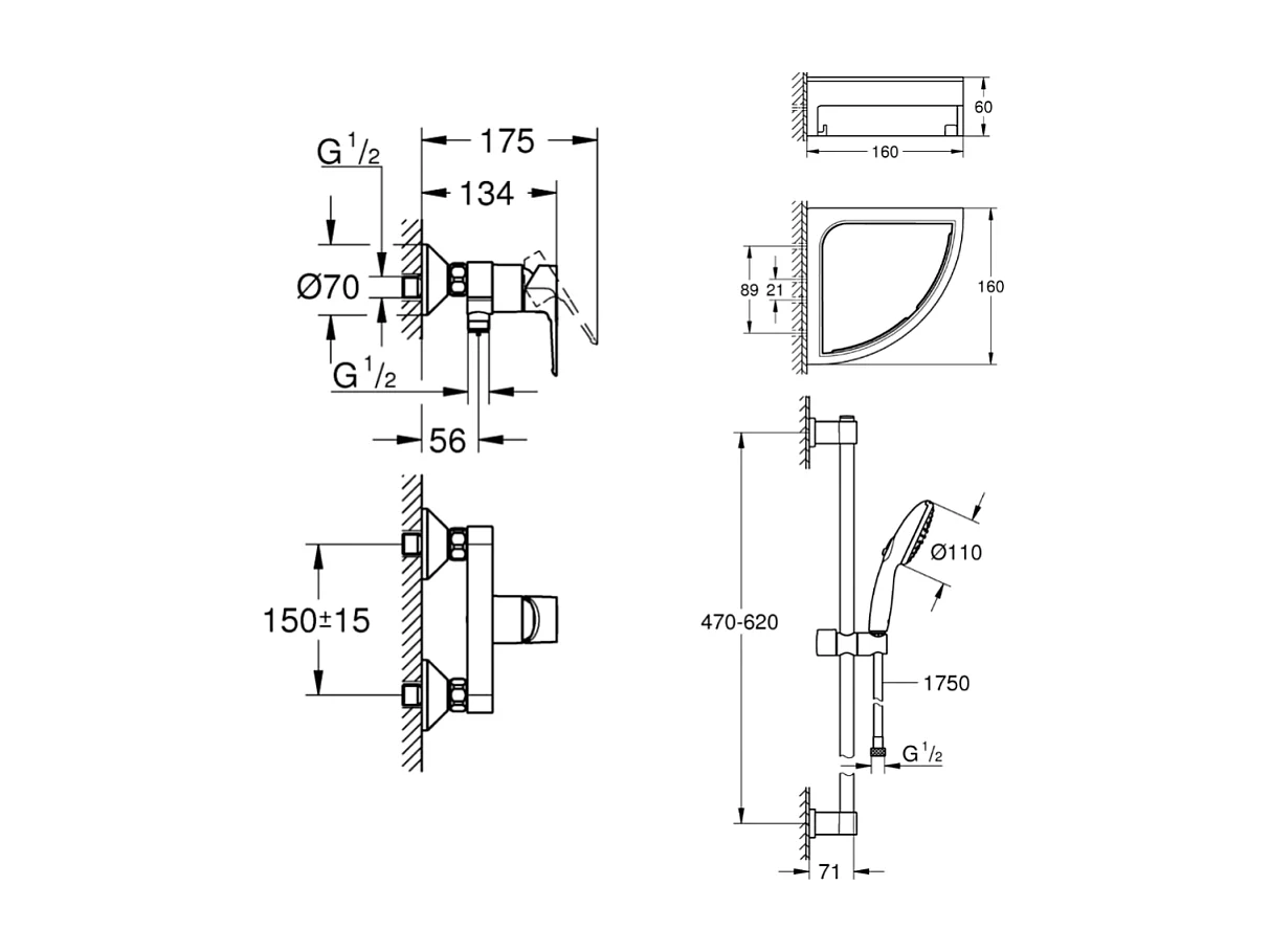 Pack mitigeur douche mécanique GROHE StartLoop + Ensemble de douche 2 jets avec barre + Tablette de douche d'angle