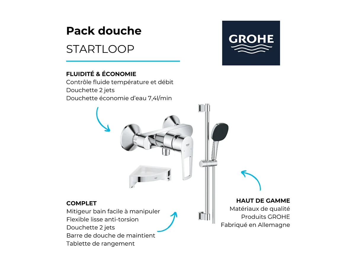 Pack mitigeur douche mécanique GROHE StartLoop + Ensemble de douche 2 jets avec barre + Tablette de douche d'angle