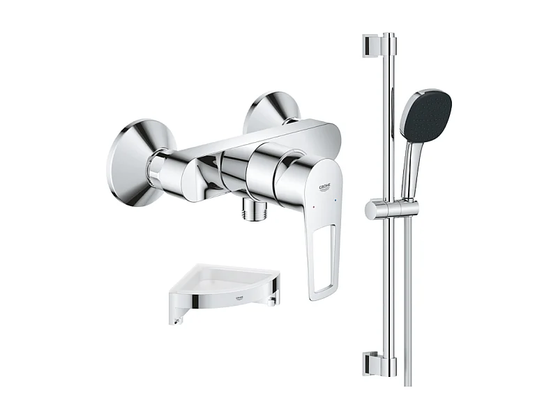 Pack mitigeur douche mécanique GROHE StartLoop + Ensemble de douche 2 jets avec barre + Tablette de douche d'angle
