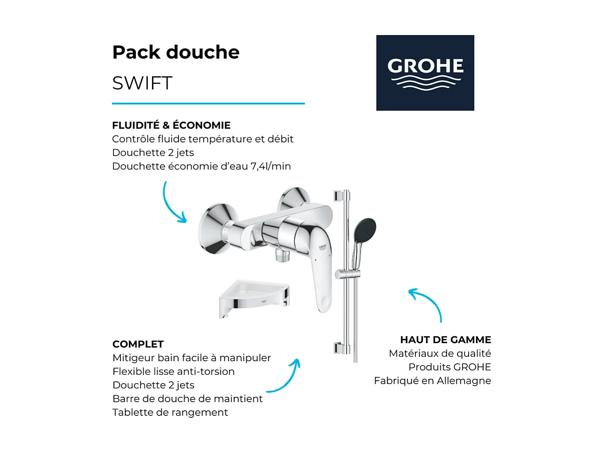 Mitigeur douche mécanique GROHE Swift 2023 + Ensemble de douche 2 jets avec barre + Tablette de douche d'angle