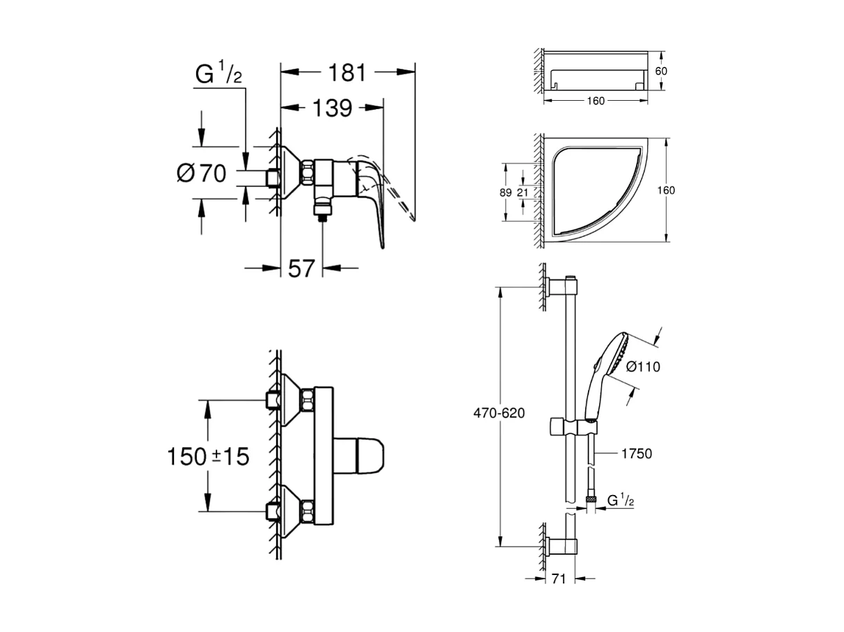 Mitigeur douche mécanique GROHE Swift 2023 + Ensemble de douche 2 jets avec barre + Tablette de douche d'angle