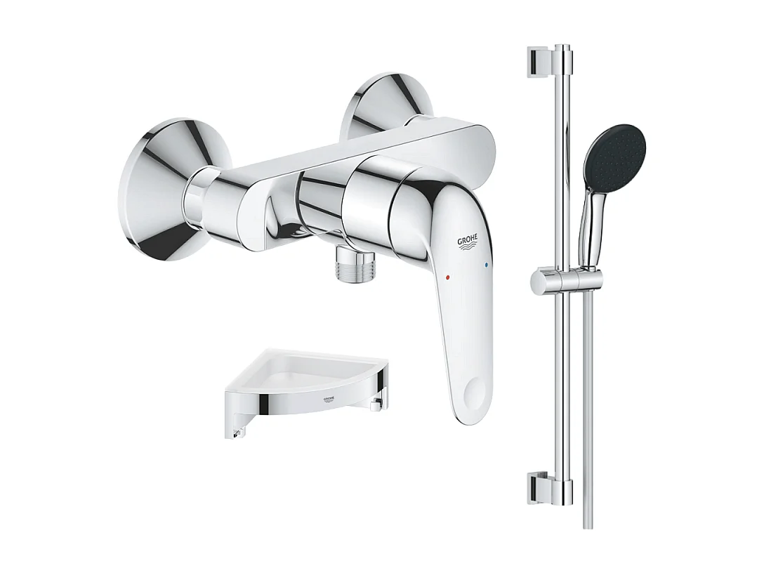 Mitigeur douche mécanique GROHE Swift 2023 + Ensemble de douche 2 jets avec barre + Tablette de douche d'angle