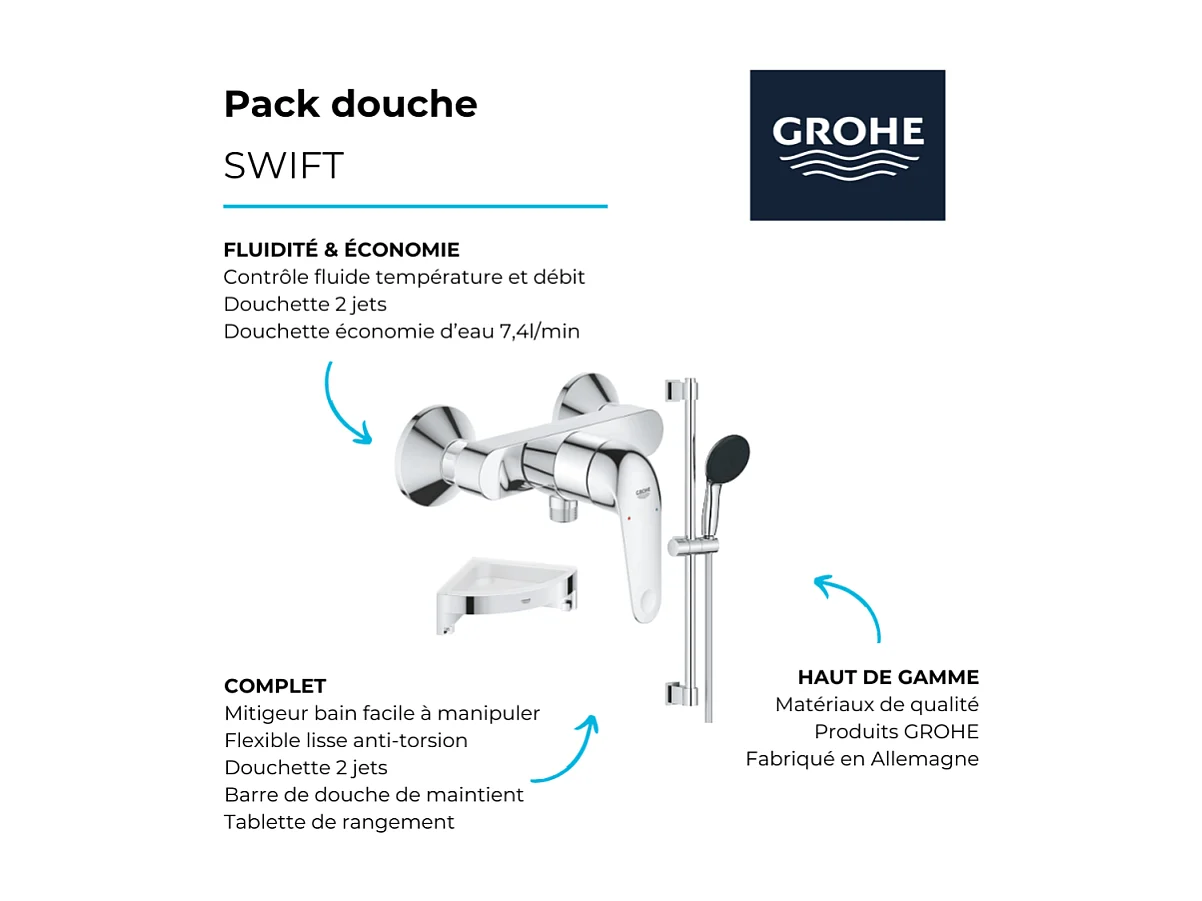 Mitigeur douche mécanique GROHE Swift 2023 + Ensemble de douche 2 jets avec barre + Tablette de douche d'angle