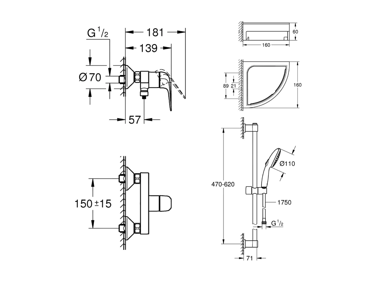 Mitigeur douche mécanique GROHE Swift 2023 + Ensemble de douche 2 jets avec barre + Tablette de douche d'angle