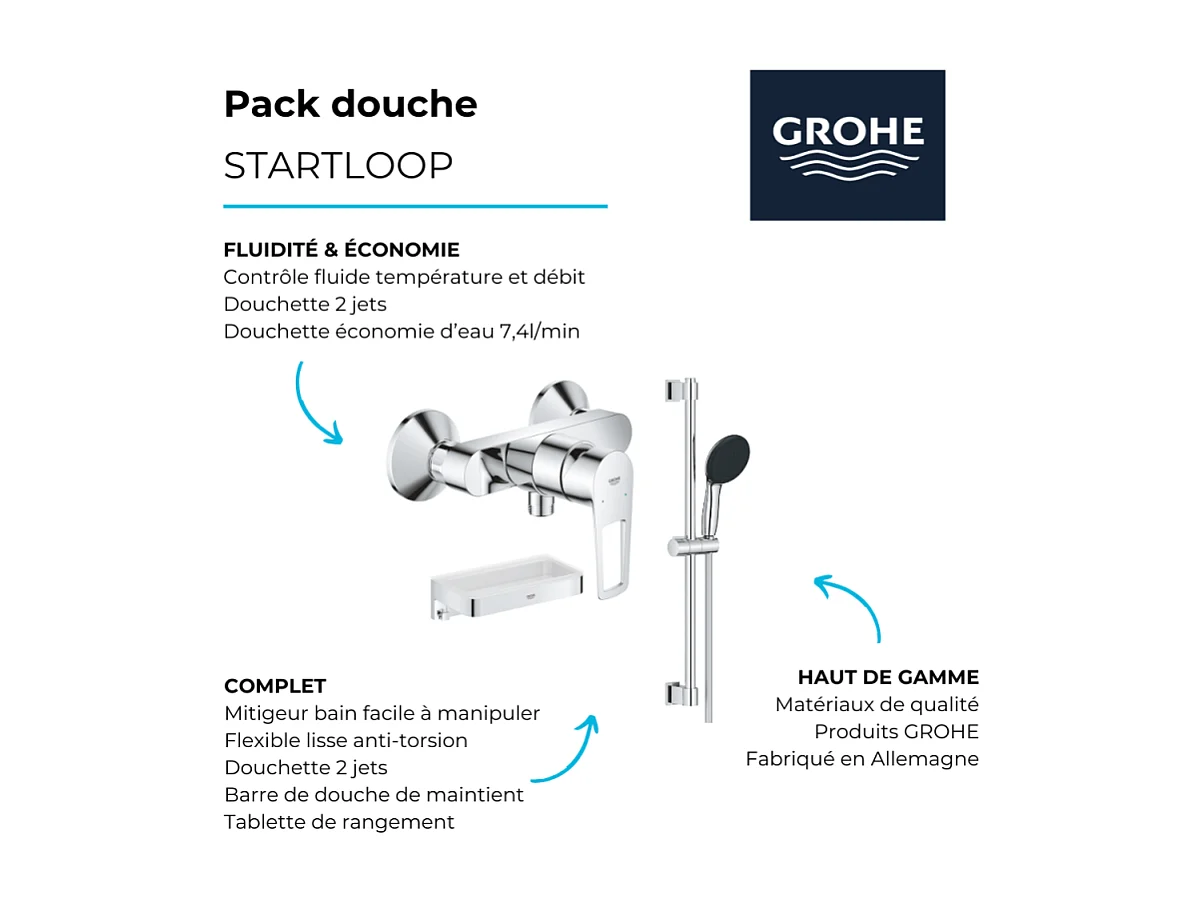 Pack mitigeur douche mécanique GROHE StartLoop + Ensemble de douche Start 2 jets avec barre + Panier douche