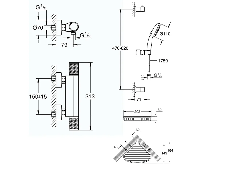 Mitigeur douche thermostatique GROHE Precision Feel + Ensemble de douche Start 2 jets avec barre + Panier porte-savon