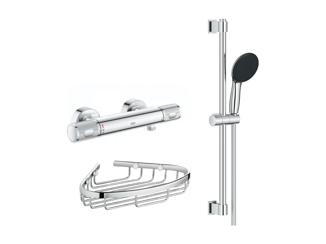 Mitigeur douche thermostatique GROHE Precision Feel + Ensemble de douche Start 2 jets avec barre + Panier porte-savon