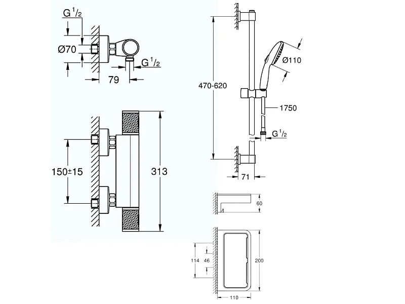 Mitigeur douche thermostatique GROHE Precision Feel + Ensemble de douche Start 2 jets avec barre + Panier douche