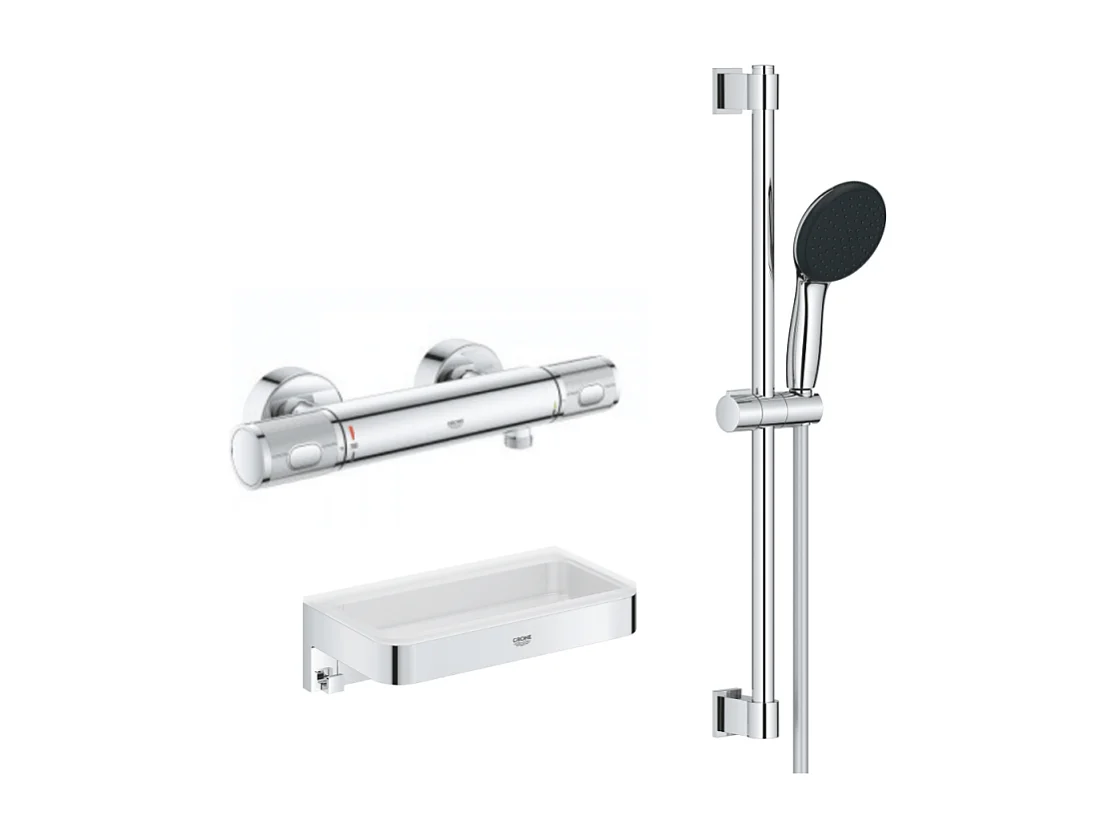 Mitigeur douche thermostatique GROHE Precision Feel + Ensemble de douche Start 2 jets avec barre + Panier douche