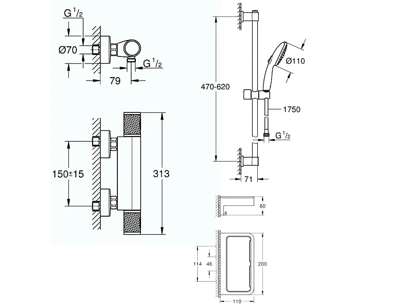 Mitigeur douche thermostatique GROHE Precision Feel + Ensemble de douche Start 2 jets avec barre + Panier douche