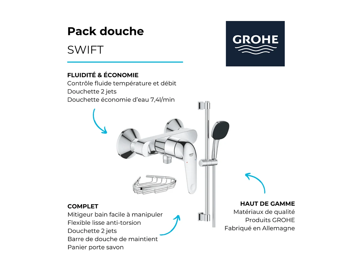 Pack douche mécanique Swift 2023 avec ensemble de douhe Vitalio Comfort 110 et panier porte-savon