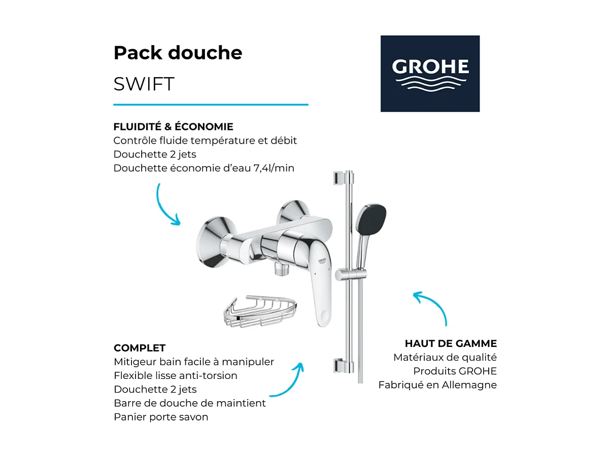 Pack douche mécanique Swift 2023 avec ensemble de douhe Vitalio Comfort 110 et panier porte-savon
