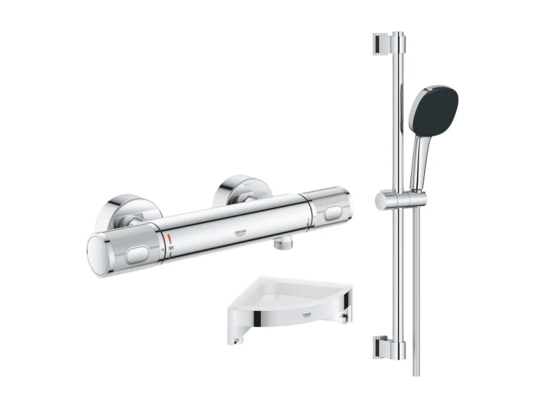 Mitigeur douche thermostatique GROHE Precision Feel + Ensemble de douche 2 jets avec barre + Tablette d'angle