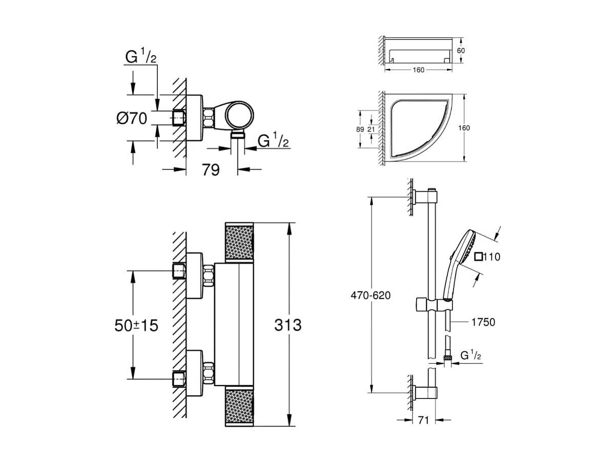 Mitigeur douche thermostatique GROHE Precision Feel + Ensemble de douche 2 jets avec barre + Tablette d'angle