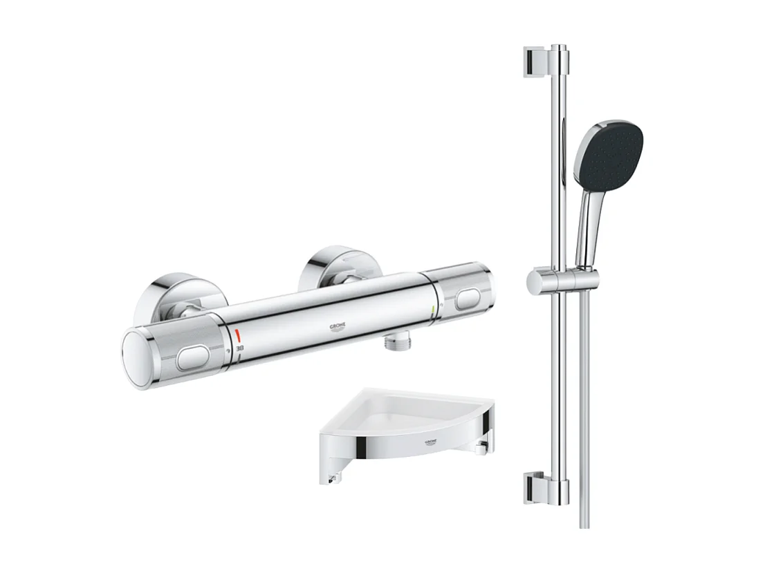 Mitigeur douche thermostatique GROHE Precision Feel + Ensemble de douche 2 jets avec barre + Tablette d'angle